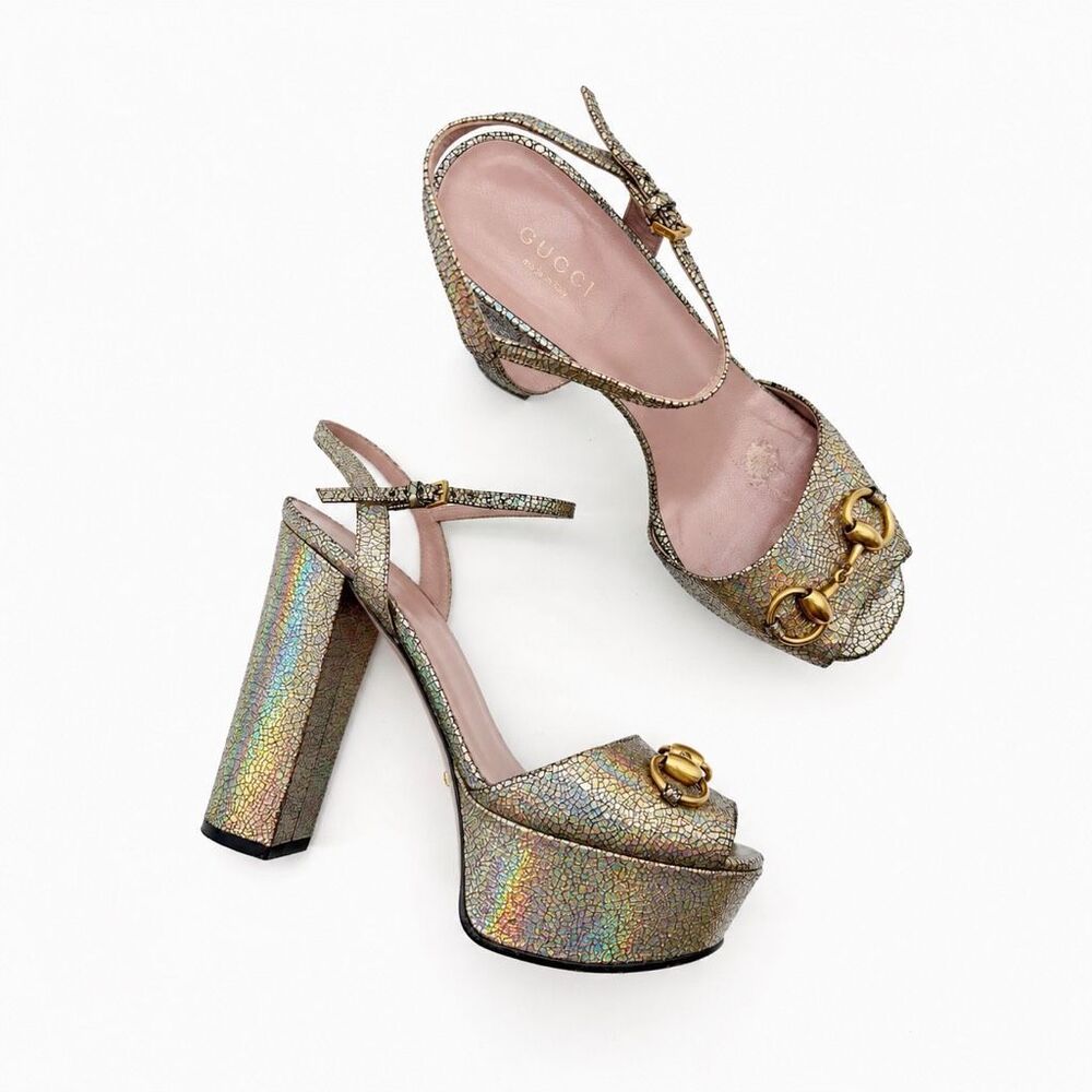 GUCCI Claudie Platform Horsebit Iridescent Gold Heeled Sandal Size 37 Leather - Picture 12 of 12